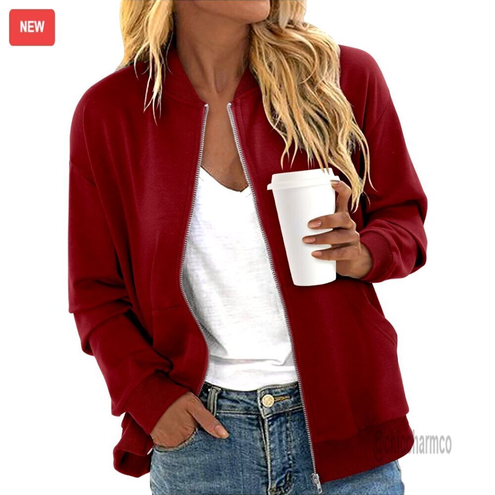 Women's Zip Up Bomber Jacket Casual Long Sleeve Sweatshirt with Pockets S-XXL